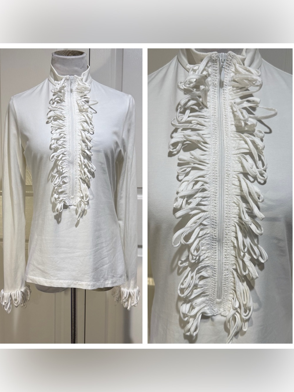 Anne Fontaine Paris White "Psychee" Looped Ruffle Trim Mock Neck Top